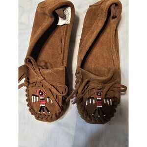The Gap ~Classic Brown Leather‎ Moccasins , Girls Vintage,Thunderbird Beading,
